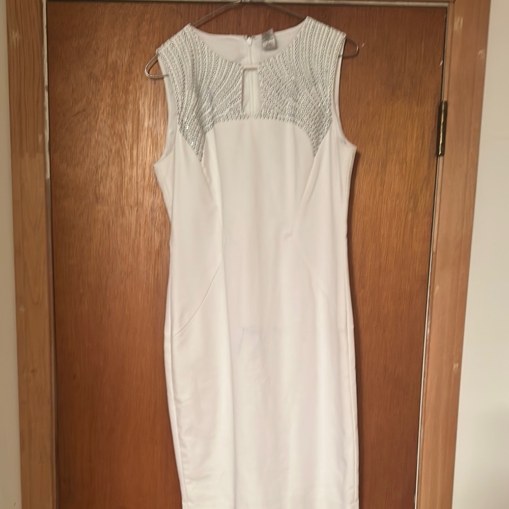 Cache Cream Embellished Sheath Midi Dress